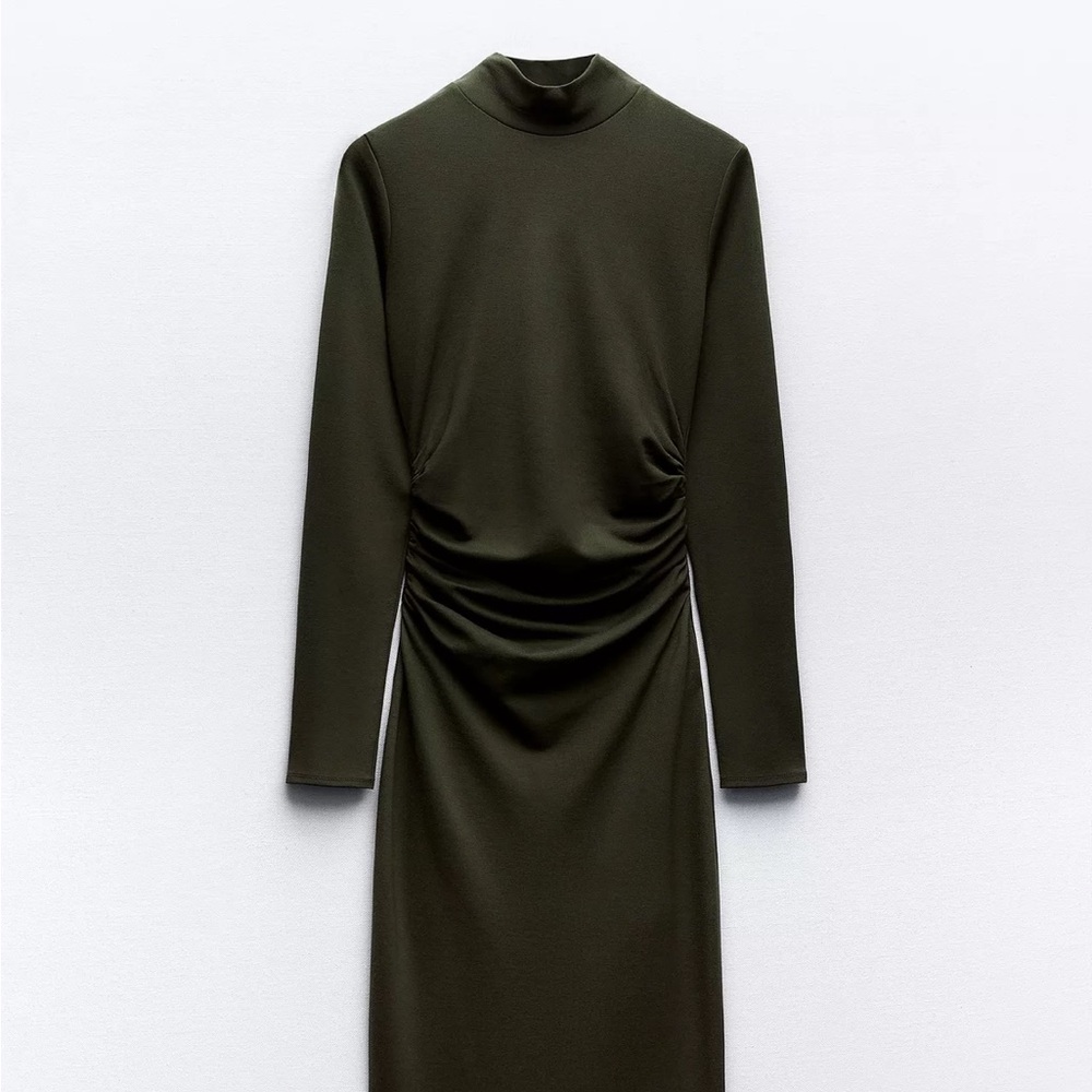 Ruched Olive Midi Dress